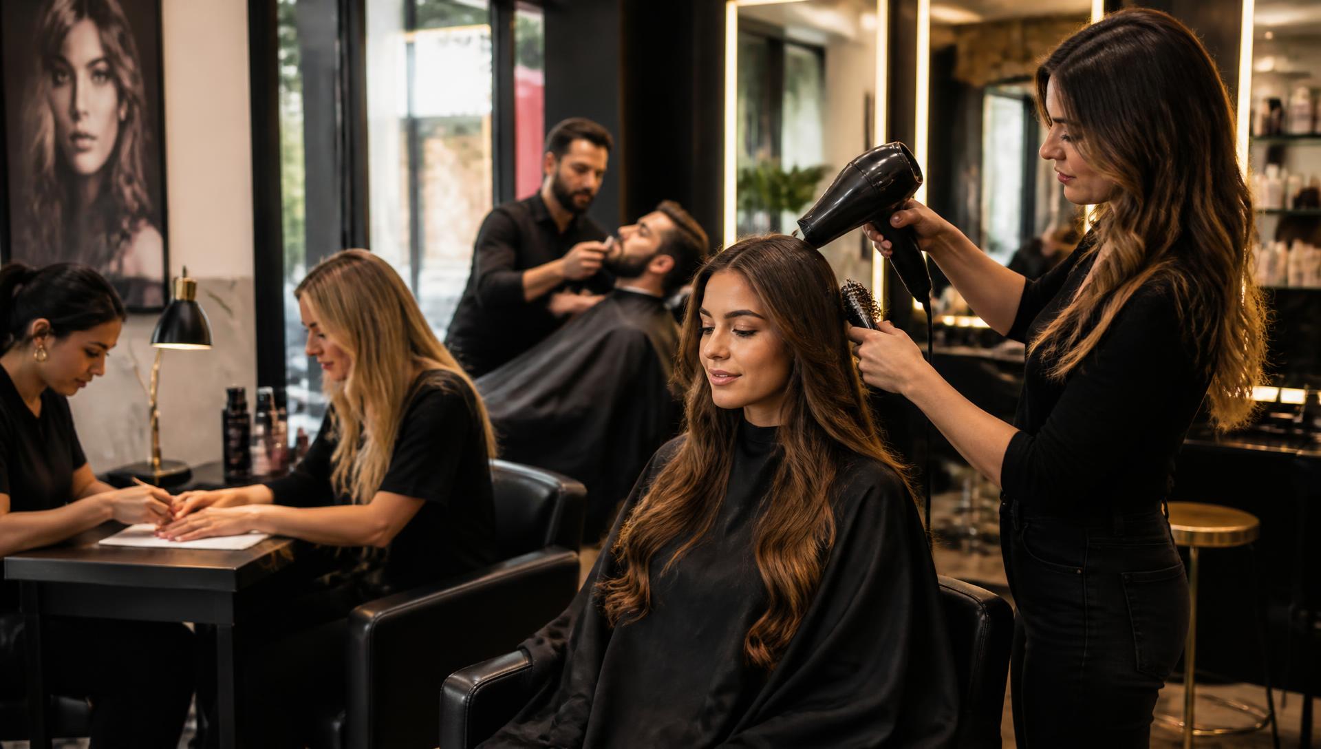Stylists at work in a busy modern salon — hair, nails and barbering