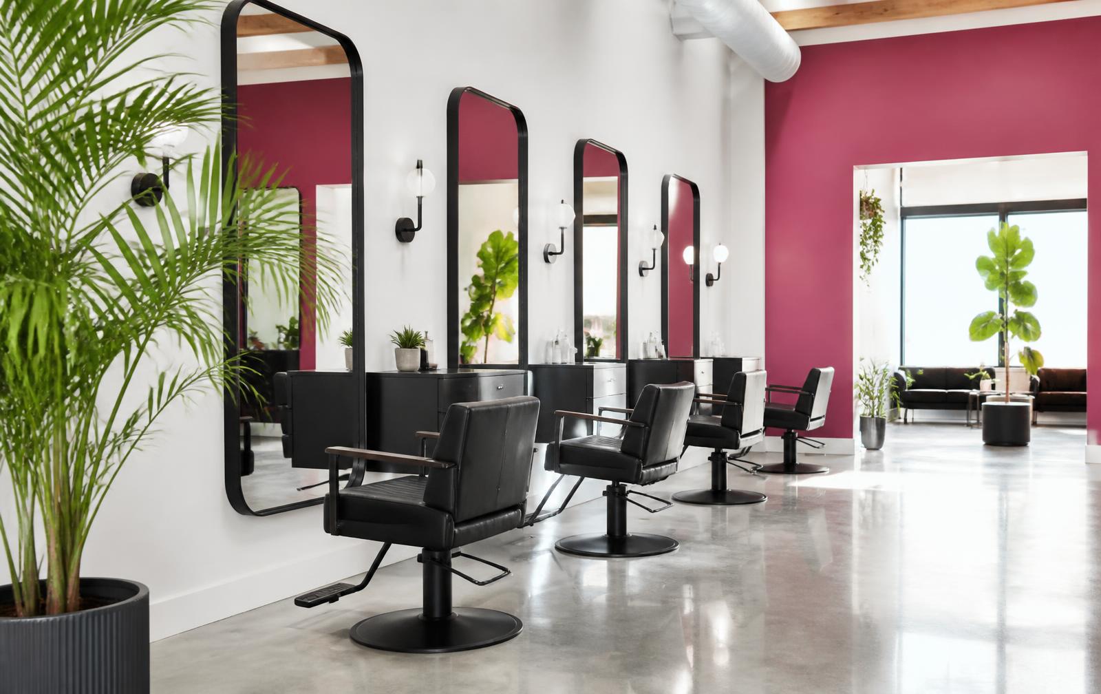 Bright La Rosa styling floor with black chairs and a fuchsia accent wall